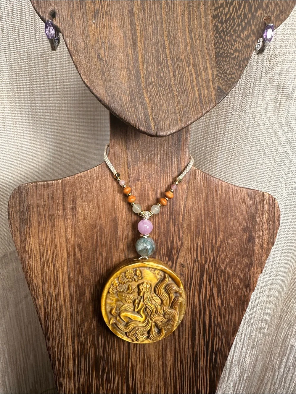 Tiger’s Eye Fairy Pendant with Kunzite and Moss Agate on Adjustable Beaded Rope